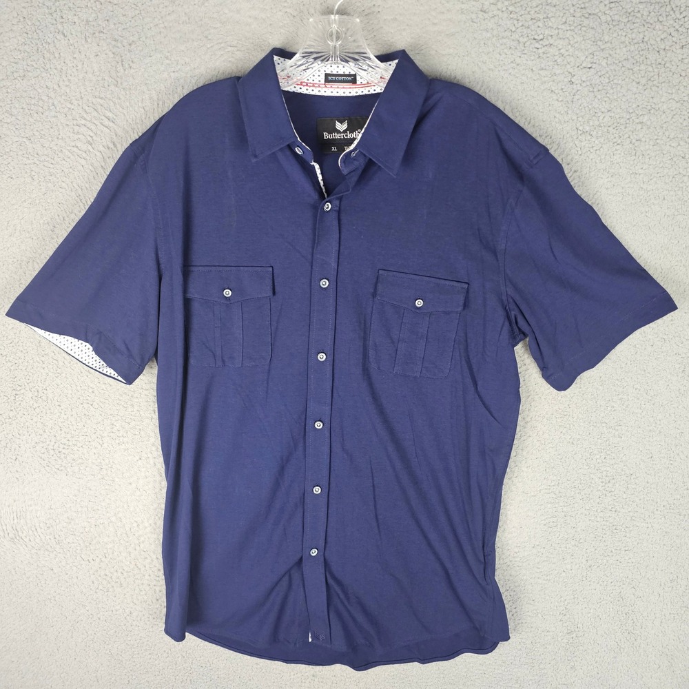 Buttercloth Shirt Mens XLT Blue Icy Cotton Tall Fit Short Sleeve Button Down
